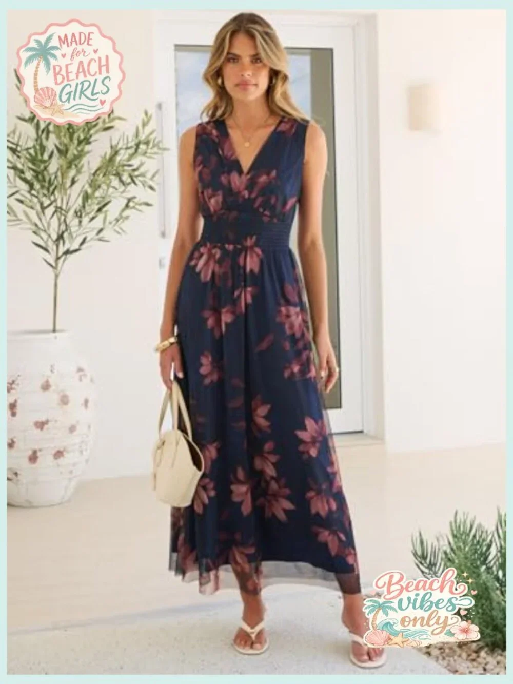 Floral Maxi Dress for Wedding Guest, Sleeveless A-Line Tulle - Picture 6 of 7